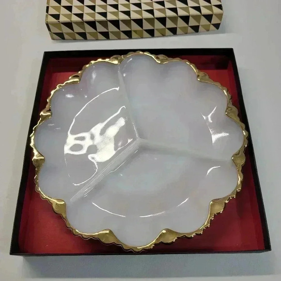 Vintage Anchor Hocking Milk Glass Gold Trim Pressed Glass Divided Serving Plate - Picture 2 of 9